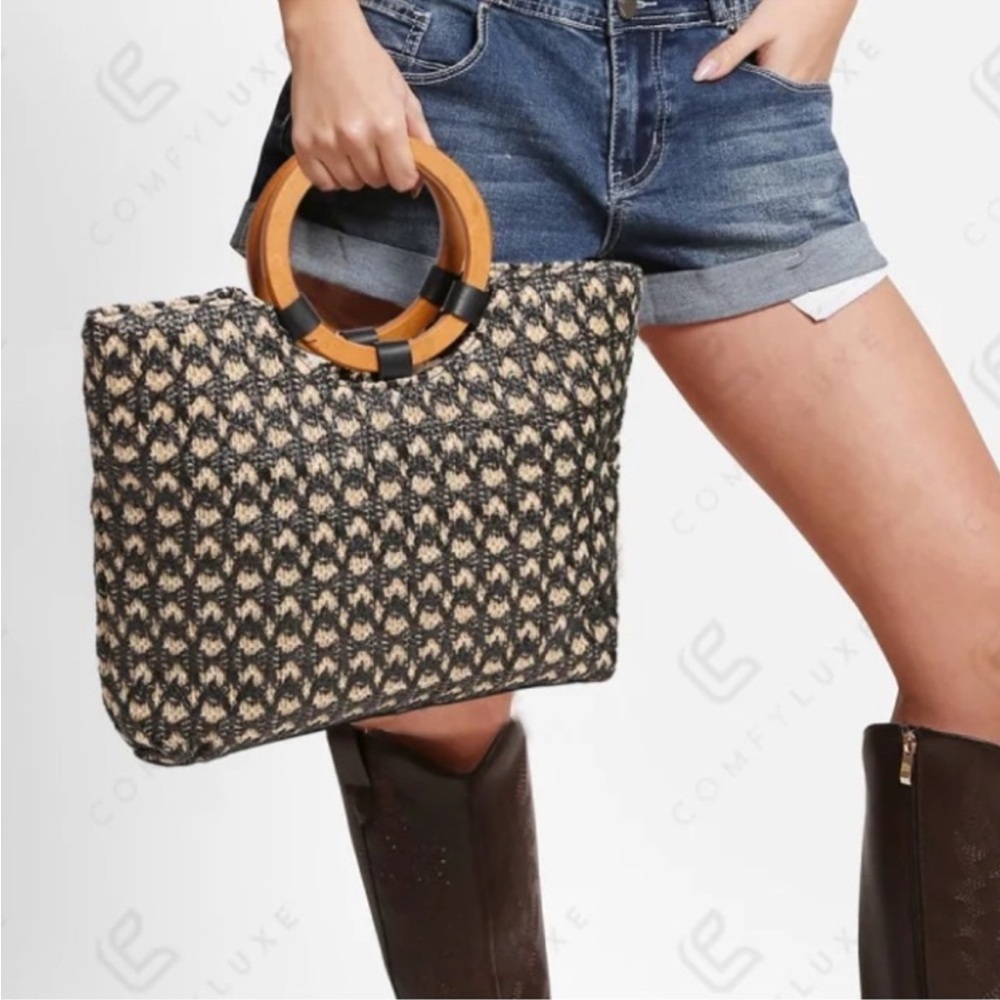 Tote Wooden Handle Black&Tan PE Straw / 3 inside pockets fabric lining